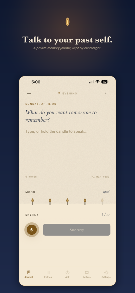 The journal screen, where the day's entry is written